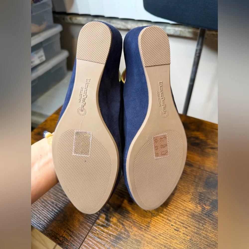 L'Amour des Pieds Bryer Leather Navy Yellow Sling Back Shoe Size 7.5